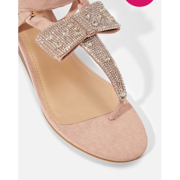 🆕 Wrap Up Flat Tongue Sandals in Blush Pink Rhinestone Bow - Picture 4 of 5